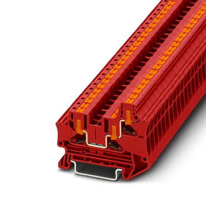 Phoenix Contact Multi-Conductor Terminal Block; PTV 4-TWIN RD ; 30A; 600V; 1-Level; #24 - #10; Push-In - Horizontal Entry Connection; Red